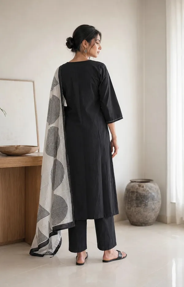Black_Cotton_Folk_Print_Straight_Kurti_Set_For_Women