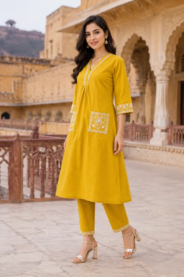 Yellow_Cotton_Straight_Embroidered_Kurta_Co-Ord_Set_For_Women