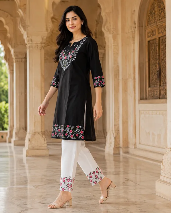 Black_Cotton_Straight_Embroidered_Kurta_Co-Ord_Set_For_Women