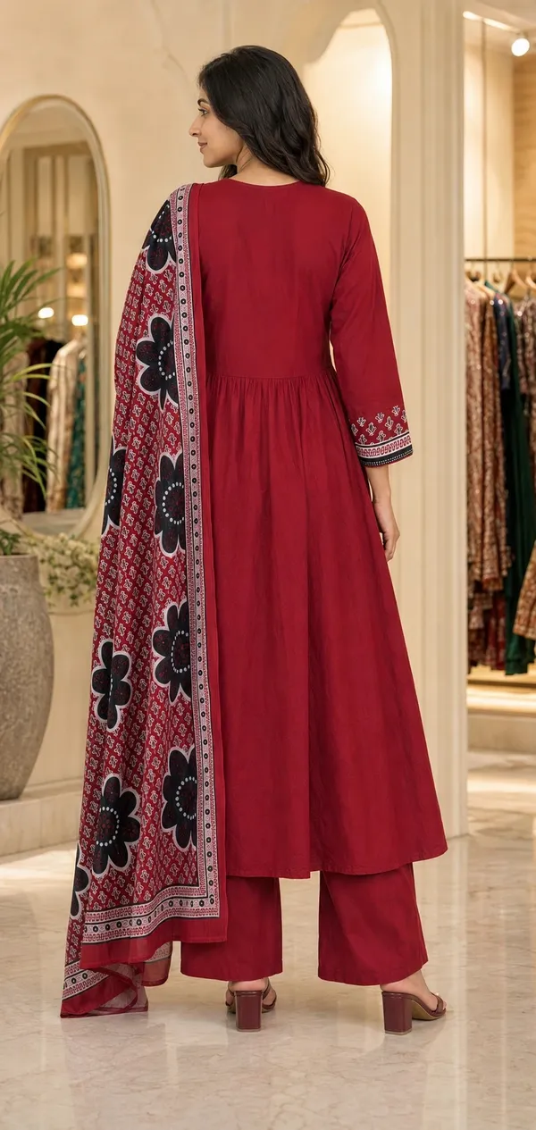 Red_Cotton_Printed_Flared_Kurti_Set_For_Women