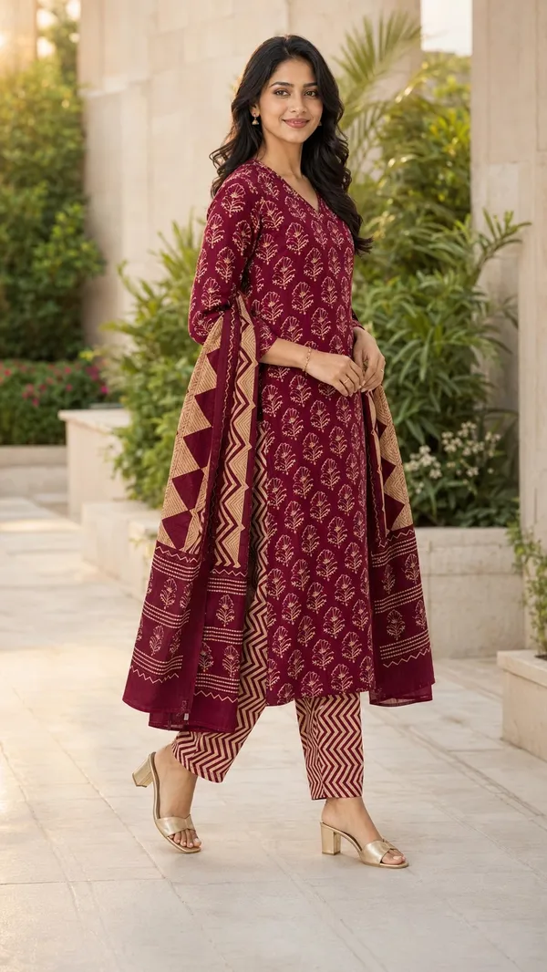 Maroon_Cotton_Block_Floral_Print_Straight_Kurti_Set_For_Women