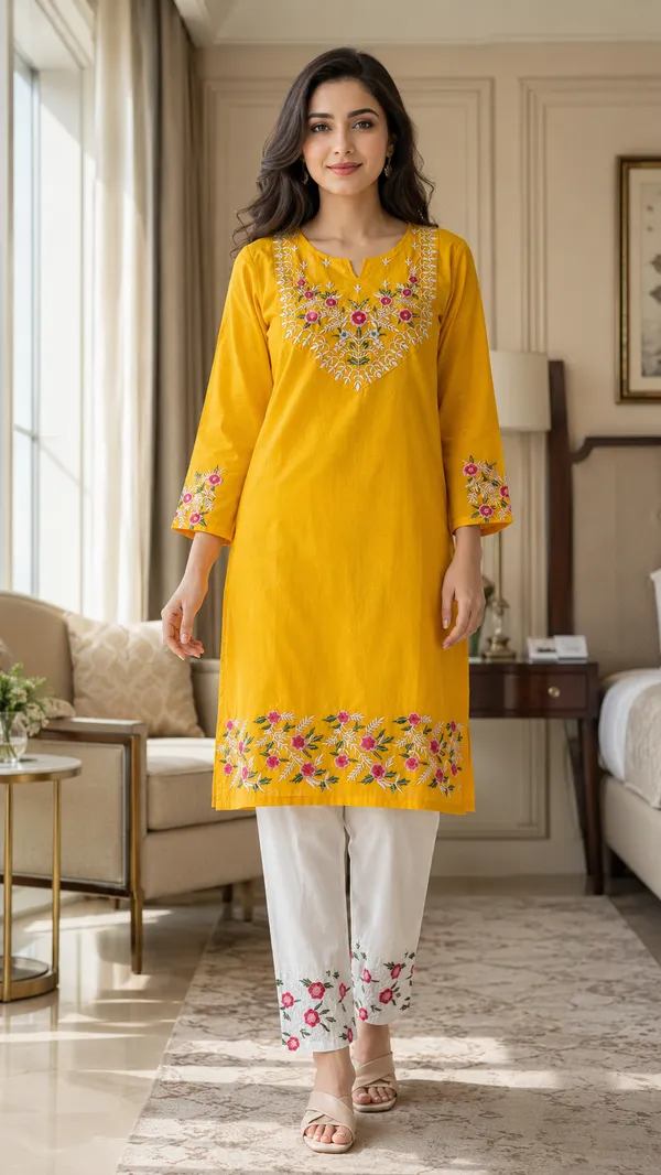 Yellow_Cotton_Straight_Embroidered_Kurta_Co-Ord_Set_For_Women