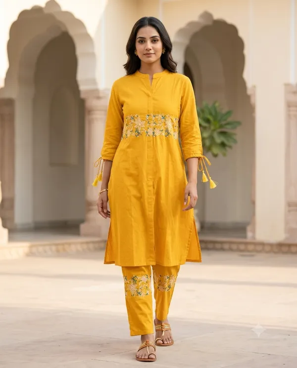 Yellow_Cotton_Straight_Embroidered_Kurta_Co-Ord_Set_For_Women