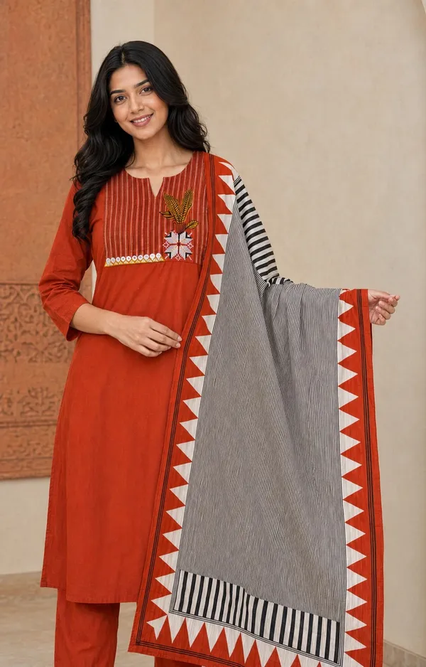 Orange_Cotton_Straight_Embroidered_Kurti_Set_For_Women