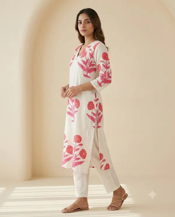 White_&_Pink_Cotton_Floral_Print_Straight_Kurta_Co-Ord_Set_For_Women