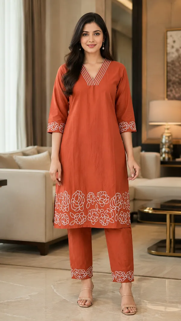 Rust_Cotton_Straight_Embroidered_Kurta_Co-Ord_Set_For_Women