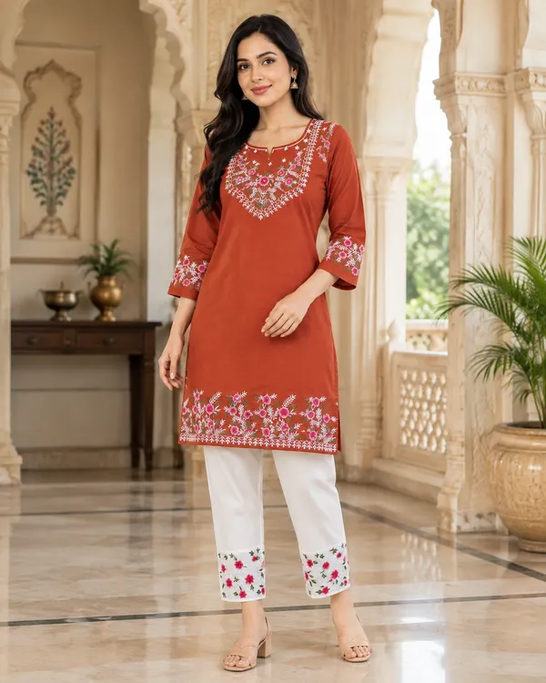Rust_Cotton_Floral_Straight_Kurta_Co-Ord_Set_For_Women