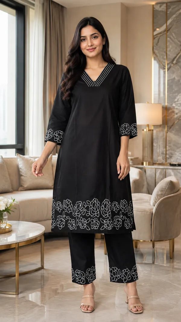Black_Cotton_Straight_Embroidered_Kurta_Co-Ord_Set_For_Women