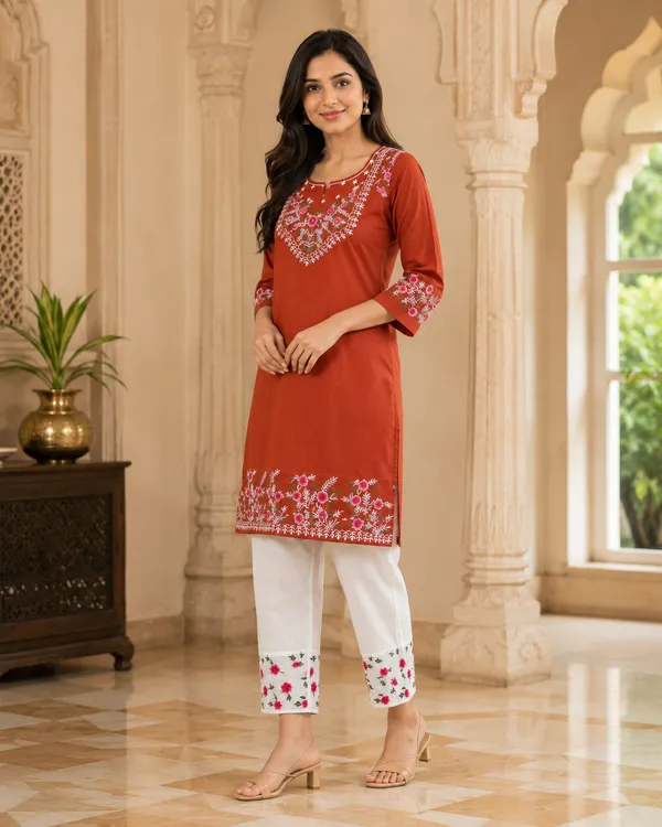 Rust_Cotton_Floral_Straight_Kurta_Co-Ord_Set_For_Women