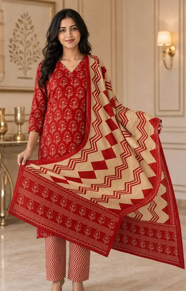 Red_Cotton_Straight_Floral_Print_Kurti_Set_For_Women