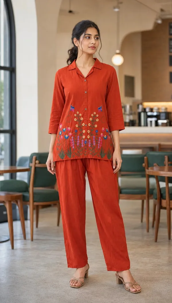 Orange_Cotton_Straight_Embroidered_Shirt_Co-Ord_Set_For_Women
