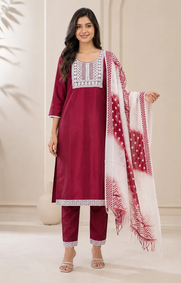 Maroon_Silk_Straight_Kurta_Set_For_Women