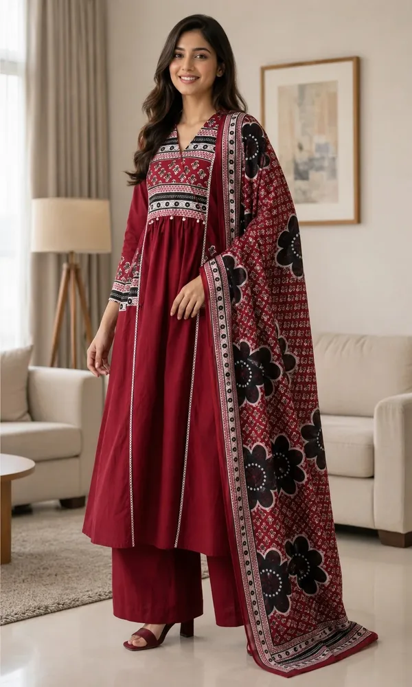 Red_Cotton_Printed_Flared_Kurti_Set_For_Women