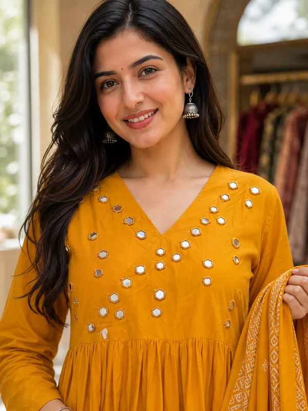 Mustard_Cotton_Flared_Anarkali_Embellished_Kurti_Set_For_Women