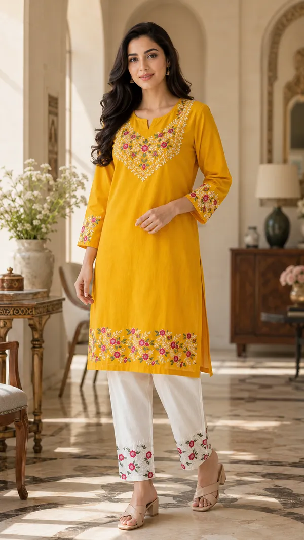 Yellow_Cotton_Straight_Embroidered_Kurta_Co-Ord_Set_For_Women