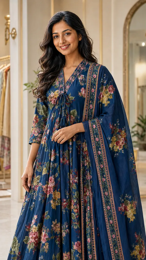 Blue_Cotton_Floral_Anarkali_Kurti_Set_For_Women
