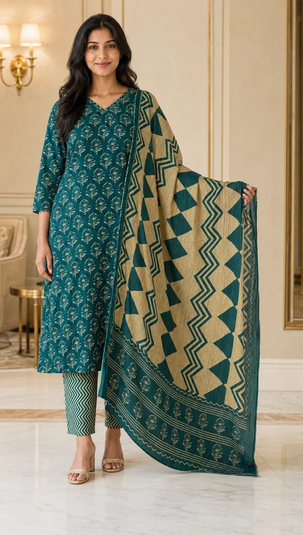 Teal_Cotton_Straight_Botanical_Print_Kurti_Set_For_Women