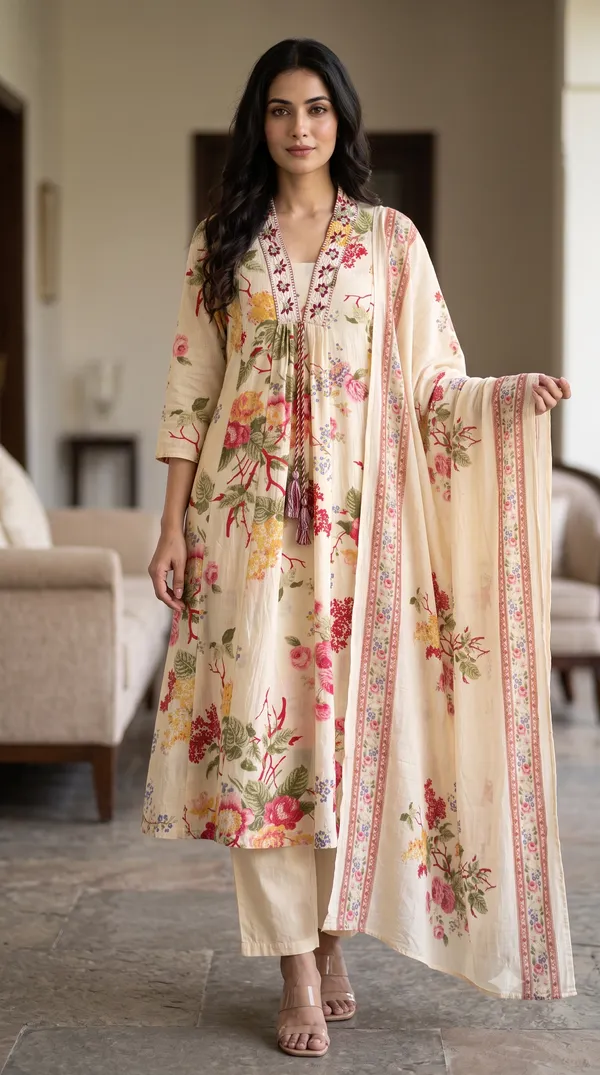 Cream_Cotton_Floral_Print_Straight_Kurti_Set_For_Women