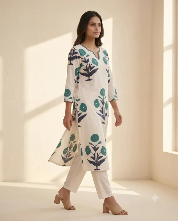 White_&_Blue_Cotton_Botanical_Print_A-Line_Kurta_Co-Ord_Set_For_Women