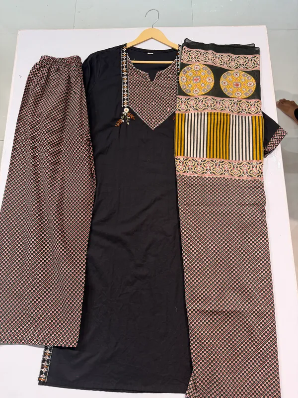 Black_Cotton_Printed_Kurta_Palazzo_Dupatta_Set_For_Women