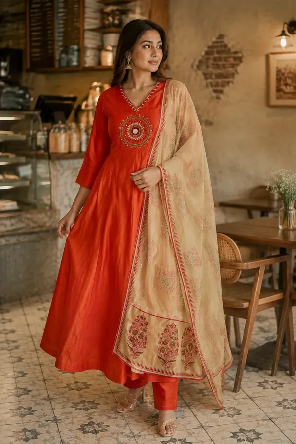 Red_Cotton_Flared_Anarkali_Kurti_Set_For_Women