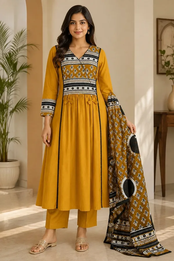 Mustard_Cotton_Printed_Anarkali_Kurti_Set_For_Women