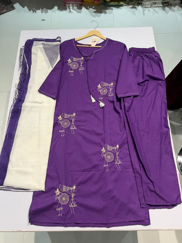 Purple_Cotton_Straight_Folk_Print_Kurti_Set_For_Women