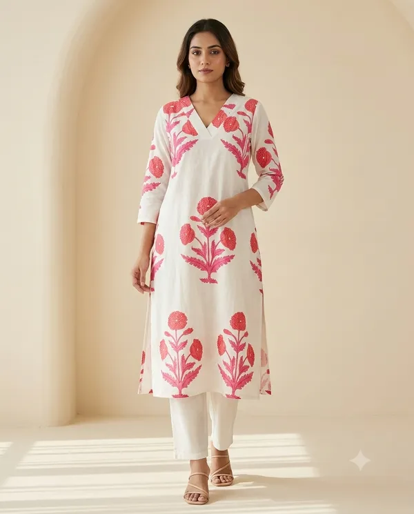 White_&_Pink_Cotton_Floral_Print_Straight_Kurta_Co-Ord_Set_For_Women