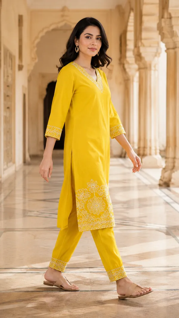 Yellow_Cotton_Straight_Embroidered_Kurta_Co-Ord_Set_For_Women