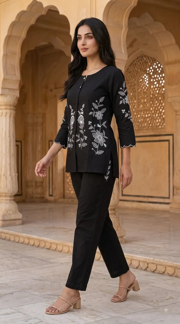 Black_Cotton_Floral_Print_Straight_Kurta_Co-Ord_Set_For_Women
