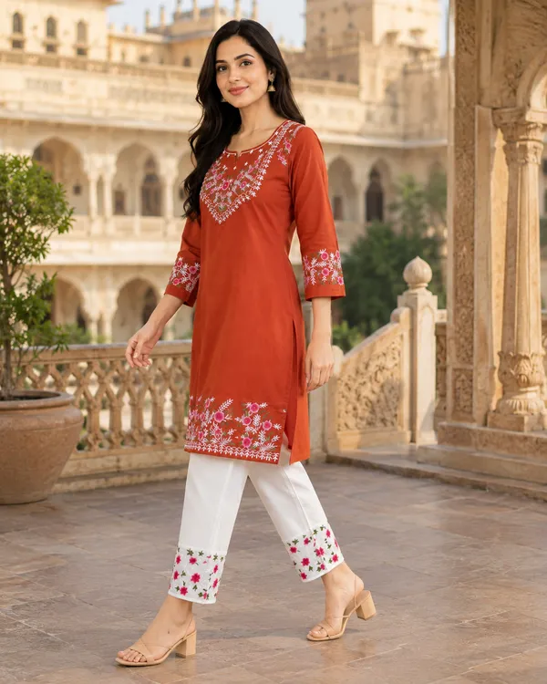 Rust_Cotton_Floral_Straight_Kurta_Co-Ord_Set_For_Women