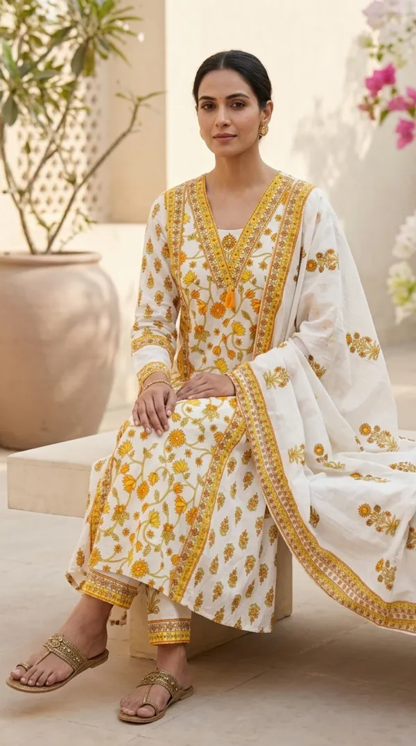 Yellow_Cotton_Straight_Yellow_Floral_Print_Kurti_Set_For_Women