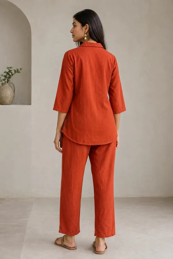 Orange_Cotton_Straight_Embroidered_Shirt_Co-Ord_Set_For_Women