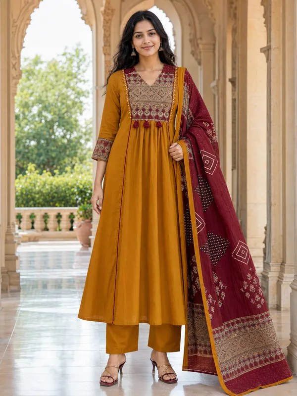 Mustard_Cotton_Flared_Anarkali_Kurti_Set_For_Women