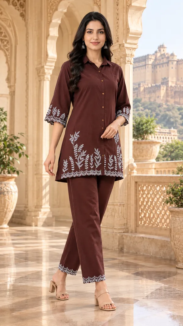 Brown_Cotton_Relaxed_Embroidered_Kurta_Co-Ord_Set_For_Women