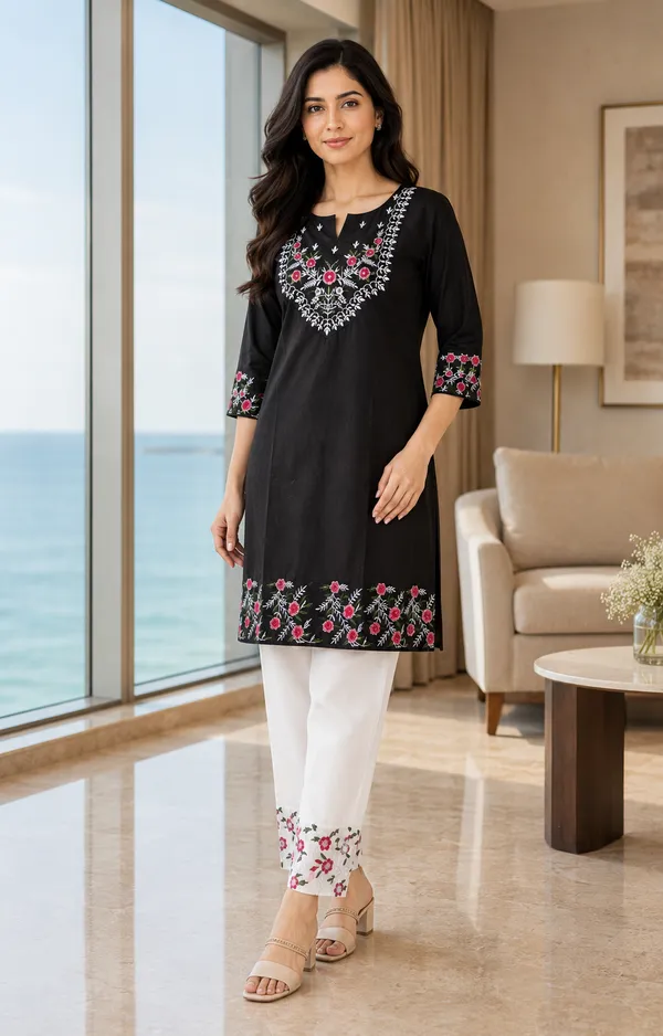 Black_Cotton_Straight_Embroidered_Kurta_Co-Ord_Set_For_Women