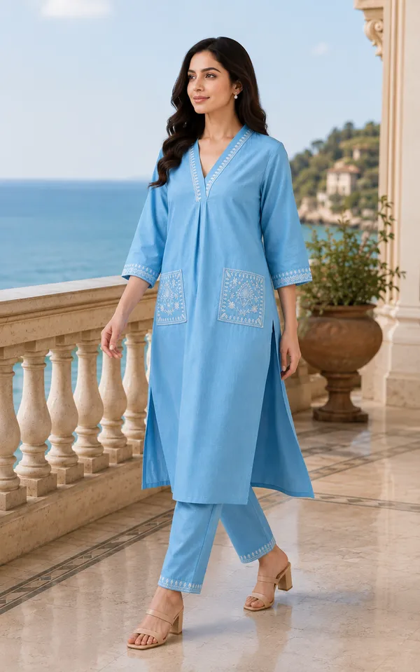 Blue_Cotton_Straight_Embroidered_Kurta_Co-Ord_Set_For_Women