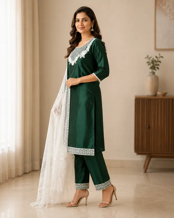 Bottle_Green_Silk_Straight_Embroidered_Kurta_Set_For_Women