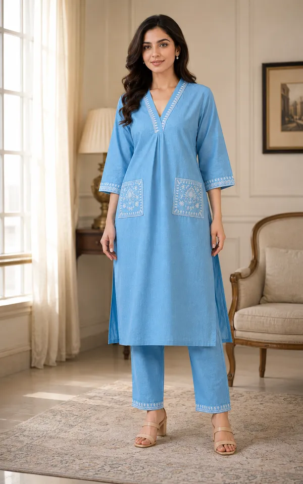Blue_Cotton_Straight_Embroidered_Kurta_Co-Ord_Set_For_Women