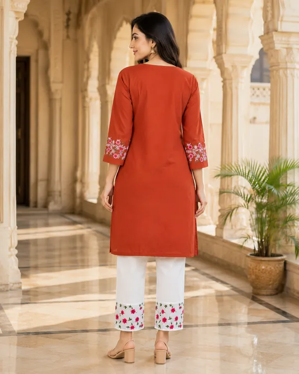 Rust_Cotton_Floral_Straight_Kurta_Co-Ord_Set_For_Women