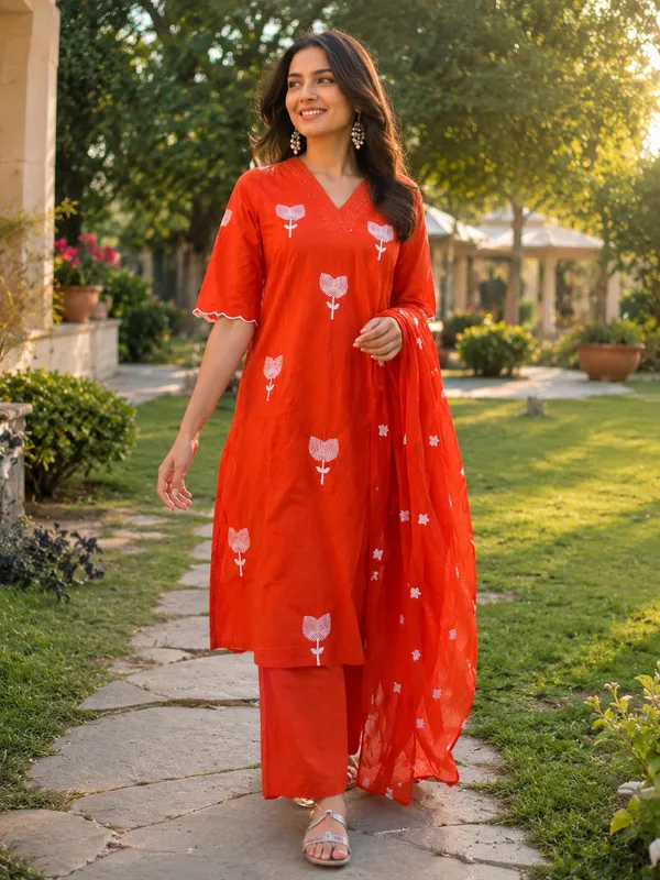 Orange_Cotton_Floral_Print_Straight_Kurti_Set_For_Women