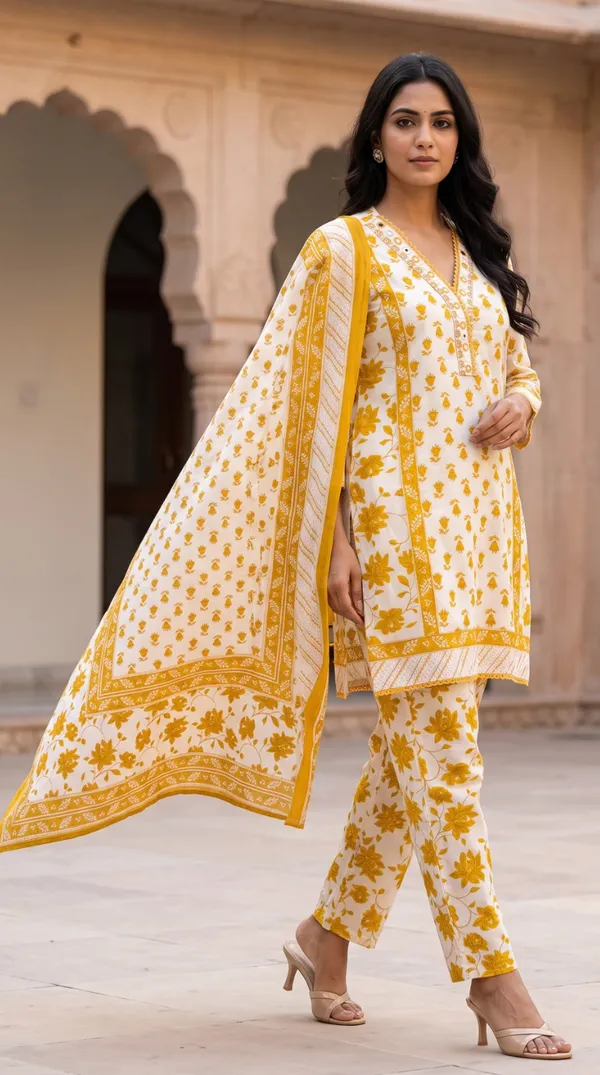 Yellow_Cotton_Straight_Floral_Print_Kurti_Set_For_Women