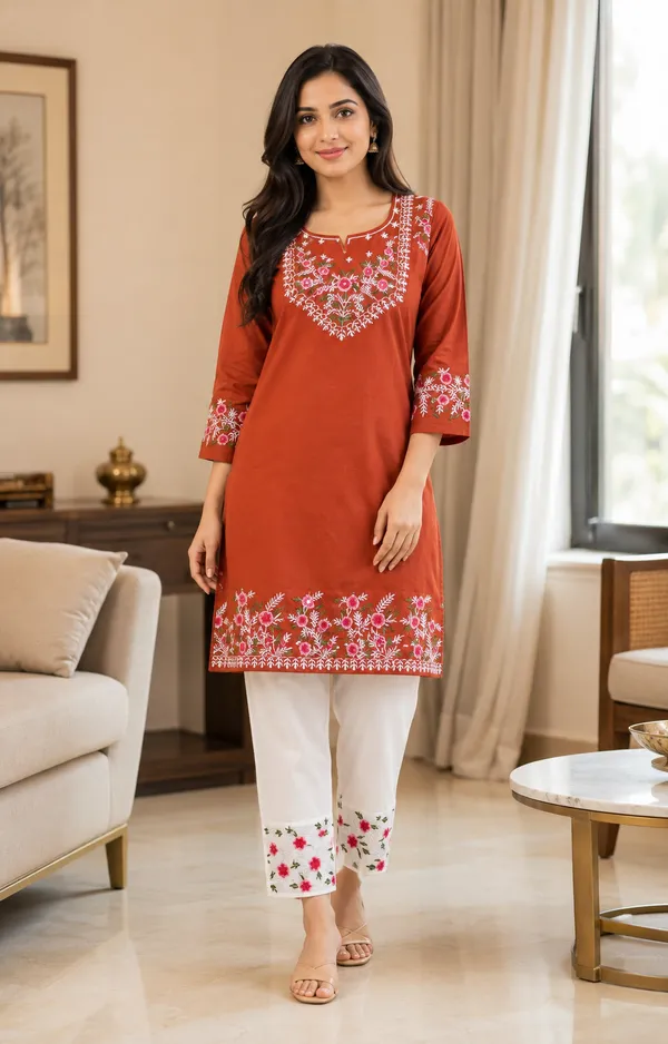 Rust_Cotton_Floral_Straight_Kurta_Co-Ord_Set_For_Women