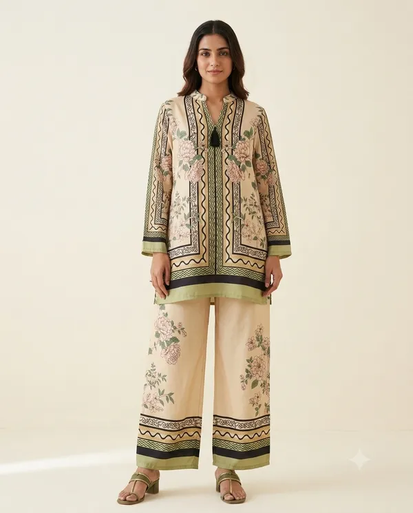 Beige_Cotton_Straight_Floral_Print_Kurta_Co-Ord_Set_For_Women