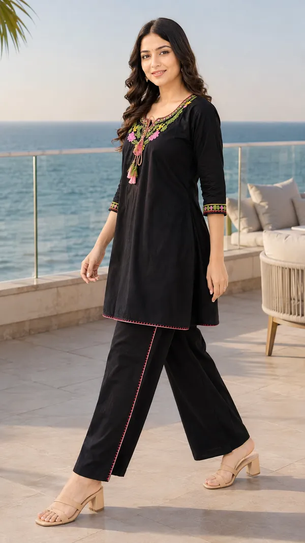 Black_Cotton_Straight_Embroidered_Kurta_Co-Ord_Set_For_Women