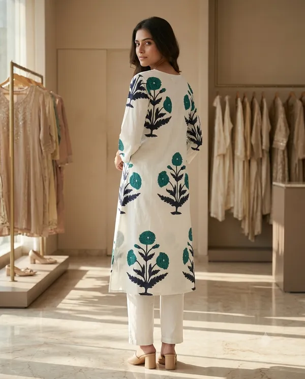 White_&_Blue_Cotton_Botanical_Print_A-Line_Kurta_Co-Ord_Set_For_Women