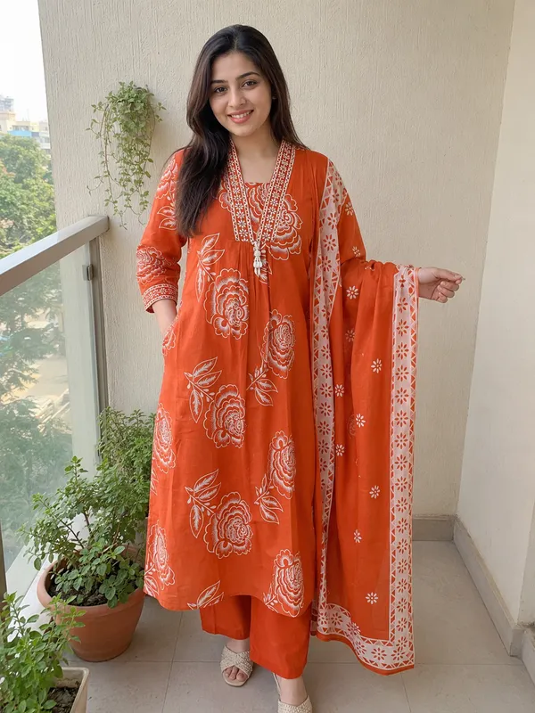 Orange_Cotton_Straight_Floral_Print_Kurti_Set_For_Women