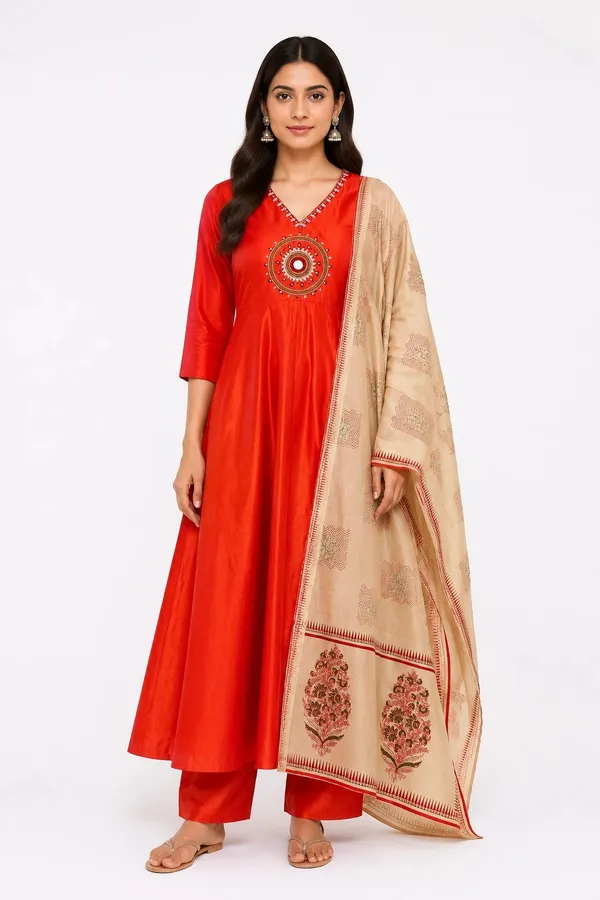 Red_Cotton_Flared_Anarkali_Kurti_Set_For_Women