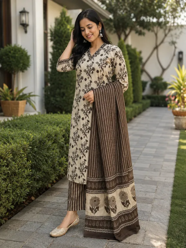 Off_White_&_Brown_Cotton_Straight_Botanical_Print_Kurti_Set_For_Women