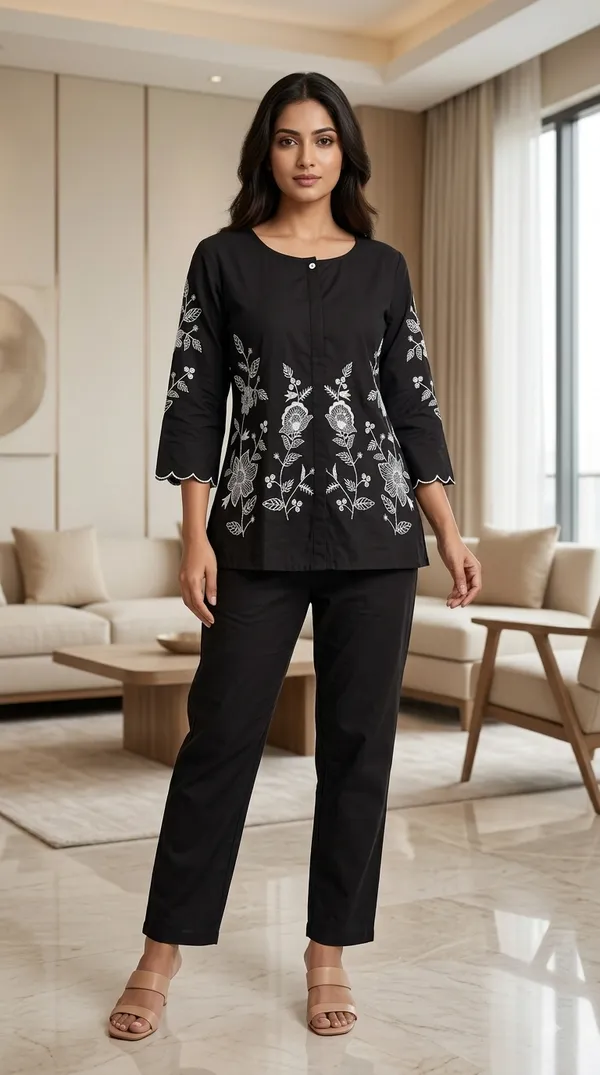 Black_Cotton_Floral_Print_Straight_Kurta_Co-Ord_Set_For_Women